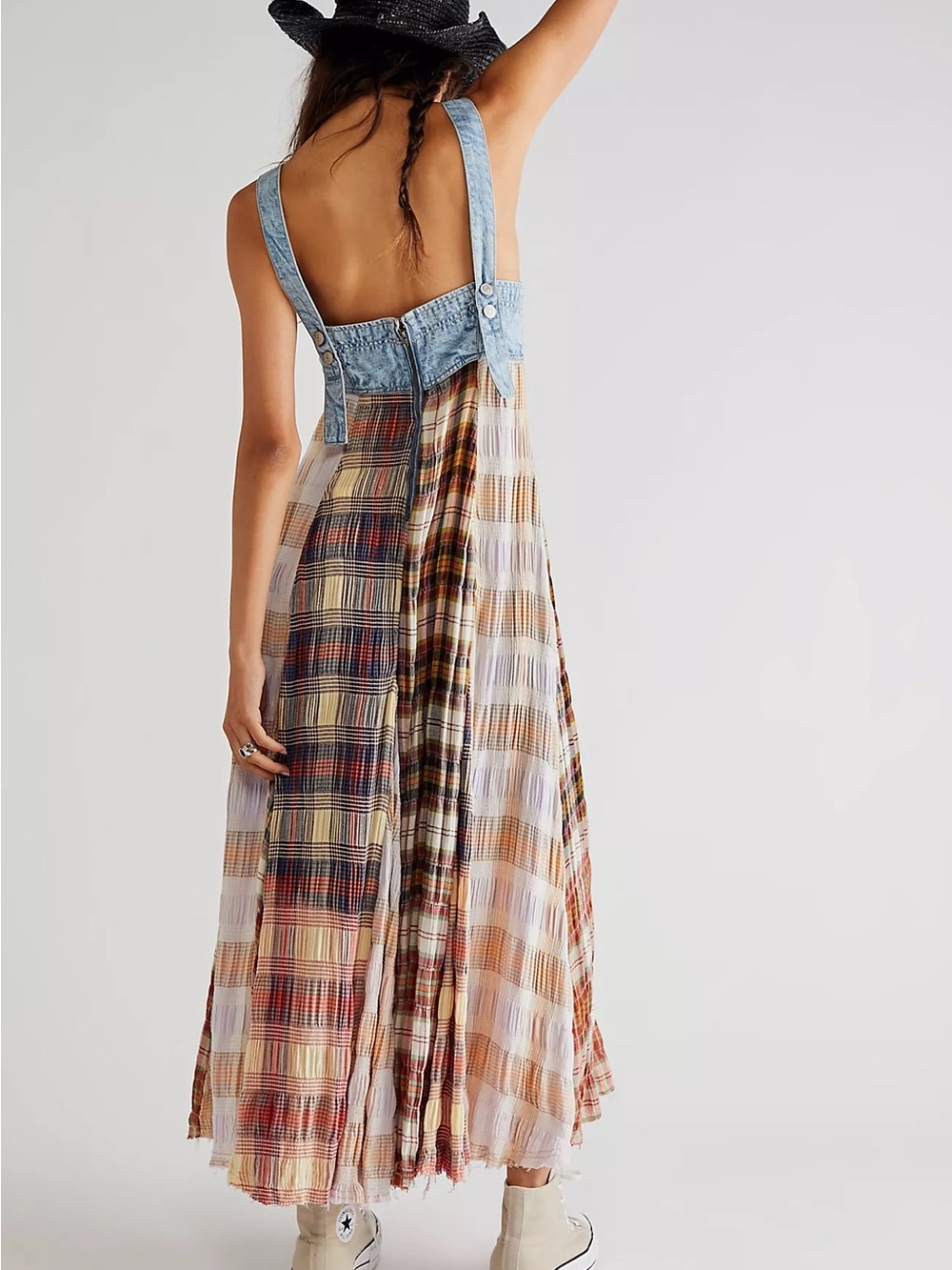 Free People We The Free Mix It Up Maxi Dress Splinter Plaid Denim Size 10 NWT - Picture 15 of 15
